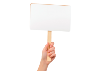 Hand holding a blank sign for messages or announcements on transparent background, PNG