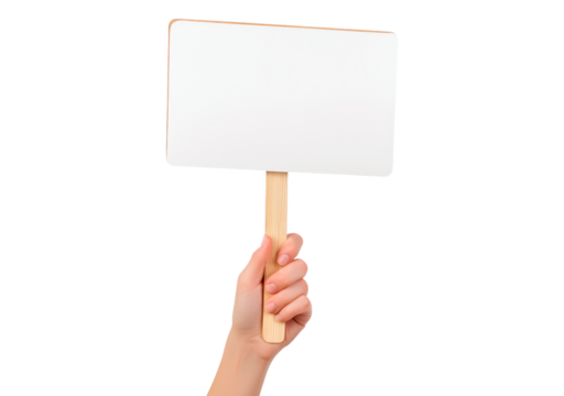 Hand holding a blank sign for messages or announcements on transparent background, PNG