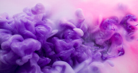 Cloud mix. Wave fog. Fluid ink fantasy colorful swirl underwater stream. Purple pink violet abstract shimmering splash defocused background.
