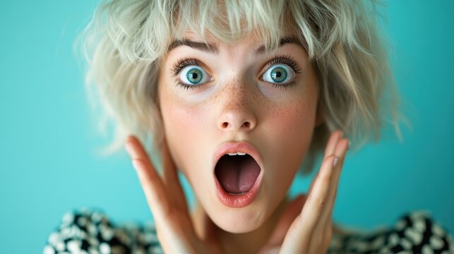 A young woman with curly hair displays a shocked expression, conveying surprise and excitement, drawing viewers into her palpable emotional moment.