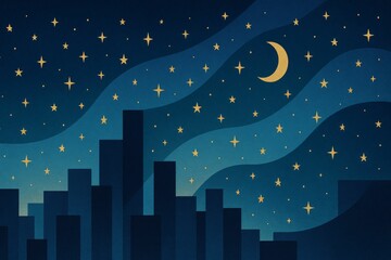 Abstract Starry Night Sky Over Geometric City – Wide Modern Illustration

