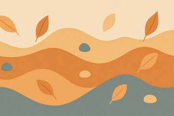 Minimalist Autumn Waves with Abstract Leaves and Stones – Wide Panoramic Illustration

