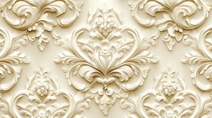 Elegant beige and gold damask pattern with intricate floral motifs, creating a luxurious and classic wallpaper design