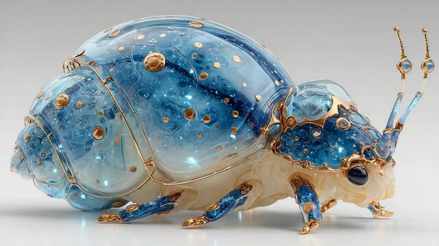 Fantasy Insect with Blue Shell and Golden Accents in a Repeated Pattern Art