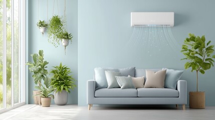 Modern Living Room Interior with Light Blue Sofa and Indoor Plants under Air Conditioner