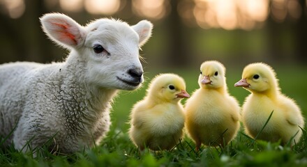 Lamb with Ducklings Resting in Green Grass Field