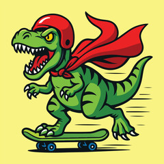 Obraz premium T-Rex Dinosaur Skateboard Cartoon Helmet Cape Roar Action Green Comic Vector