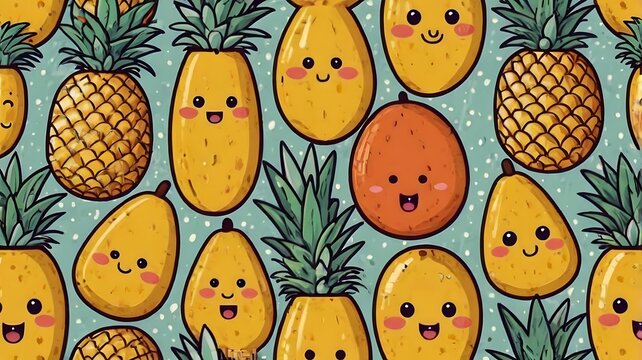 Fototapeta Cute cartoon fruits seamless pattern background