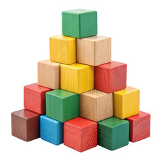 Colorful wooden building blocks arranged in a pyramid shape on a white background for educational playtime