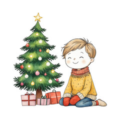 Cute Boy Sitting by Christmas Tree with Gifts, Cartoon Holiday Illustration