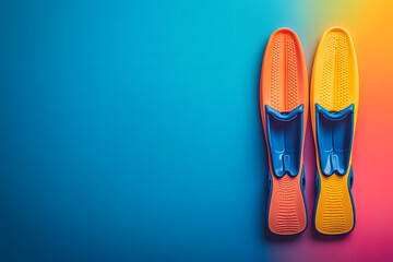 Swimming flippers on color background, top view. Space for text.