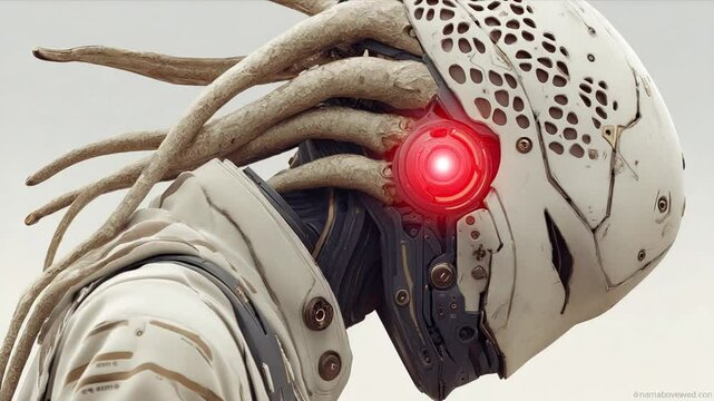 Futuristic alien robot with bone-like appendages and a glowing red eye on a white background