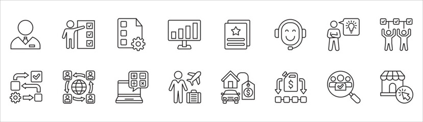 Business and management icon set. Contains symbol of businessman, target, leadership, progress, holiday, data, stock, market, accounting, training, resource, finance, service. Vector illustration
