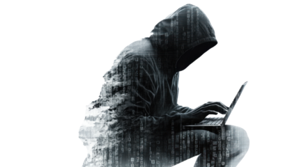 Mysterious hooded figure working on a laptop in dark atmosphere, anonymous person hacking or coding, digital security concept, isolated on white background