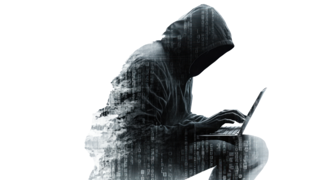 Mysterious hooded figure working on a laptop in dark atmosphere, anonymous person hacking or coding, digital security concept, isolated on white background