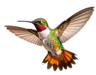 Fototapeta premium “Colorful Hummingbird in Flight with Spread Wings, PNG”