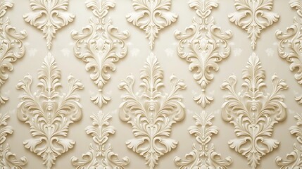 Elegant beige and gold damask pattern with intricate floral motifs, creating a luxurious and classic wallpaper design