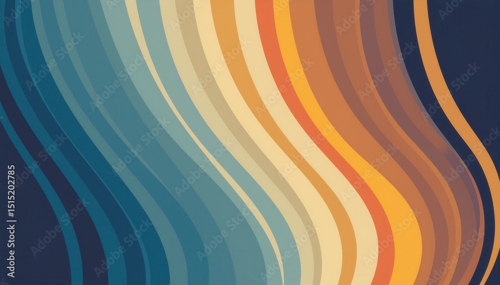 Poster  retro wave rainbow gradient with curved vertical stripes in blue orange and brown tones on dark background for vintage web design print poster template or abstract branding element