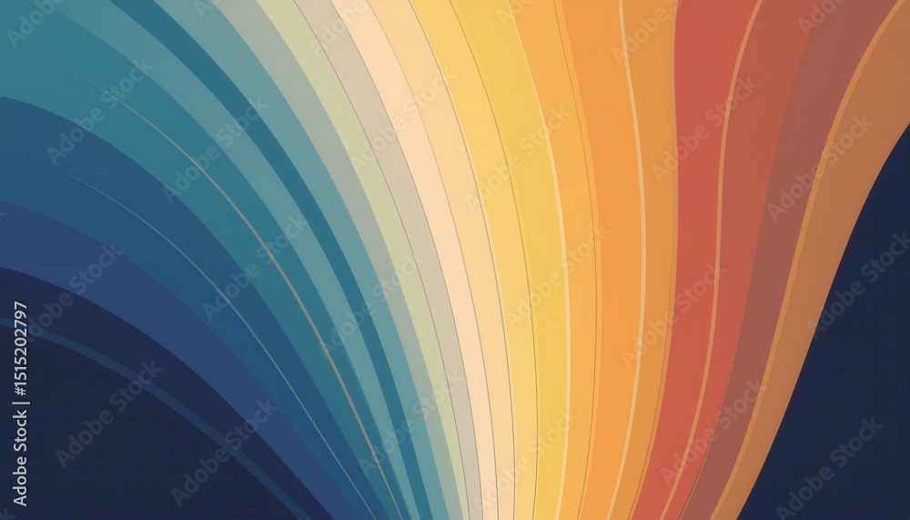 Poster  retro wave rainbow gradient with curved vertical stripes in blue orange and brown tones on dark background for vintage web design print poster template or abstract branding element