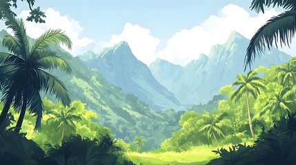 Fototapeta premium Lush tropical valley with towering mountains.