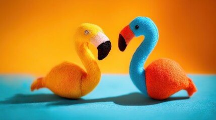 Two flamingo toys on a vibrant orange and blue background, radiating joy and optimism.
