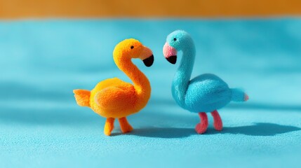 Two flamingo toys on a vibrant orange and blue background, radiating joy and optimism.
