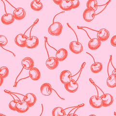 Cherry seamless pattern in trendy pink and red colours. Vector hand drawn sketch berries illustration. Print design