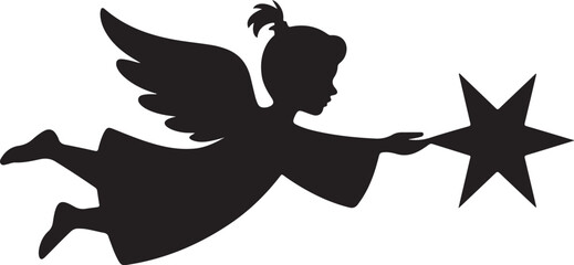 Silhouette of a Little Angel Flying with a Star