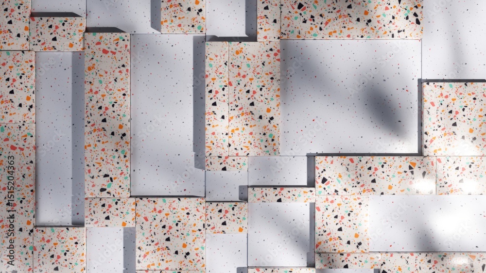Poster geometric white terrazzo pattern casting dynamic shadows, creating elegant contemporary design with 