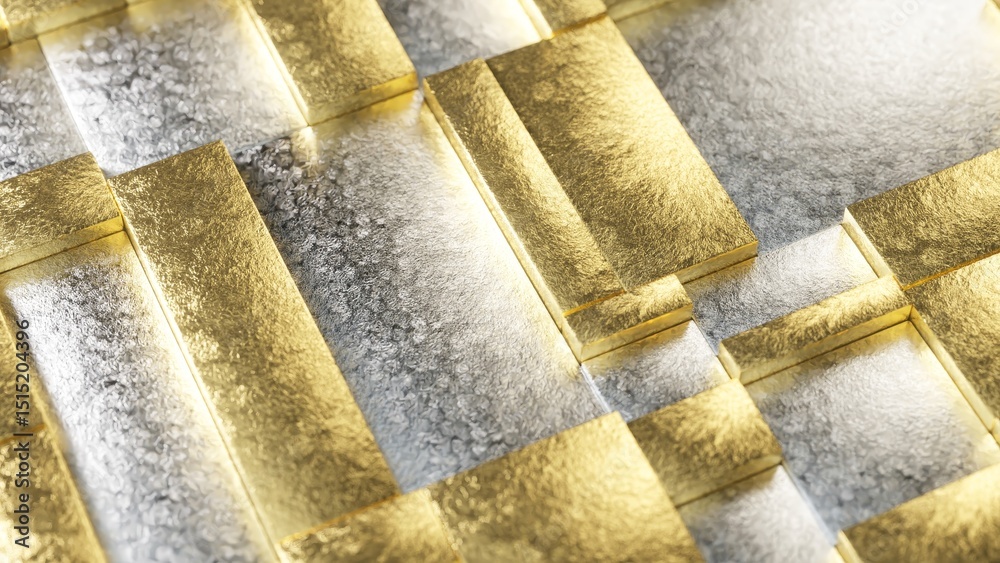 Poster luxurious metallic surface displaying golden and silver rectangles rotating smoothly, generating cap