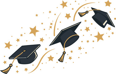 Flat vector graduation border with mortarboards and black confetti. Transparent background ideal for posters, banners, or celebration templates.
