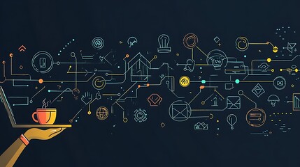 Abstract illustration of a laptop with graphs, coffee cup, and digital icons on a dark background