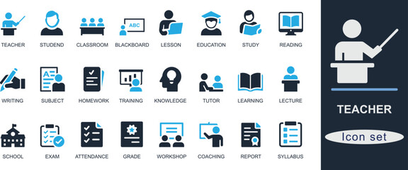 
Flat black teacher icon set. Featuring classroom, student, lesson, exam, homework, study, school, tutor, education, and lecture. Ideal for web and app UI.