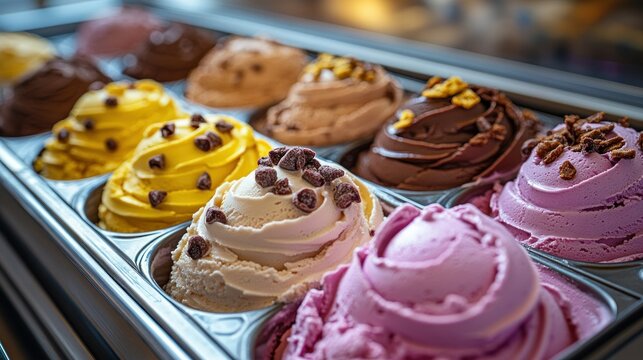 Variety of artisanal ice cream scoops in a display case