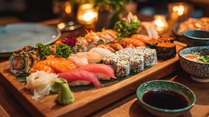 Obraz premium Fresh Sushi Assortment with Colorful Rolls and Dipping Sauces