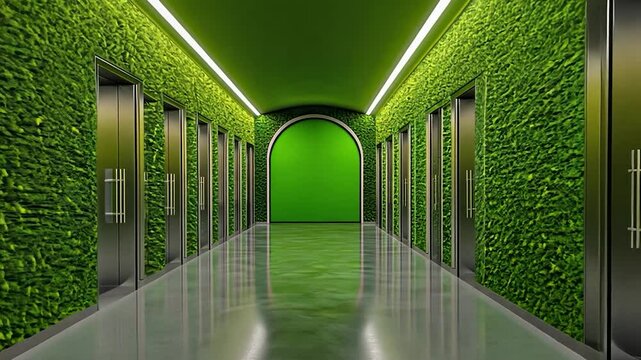 Eco-Friendly Elevator Lobby: Green Walls and Modern Design