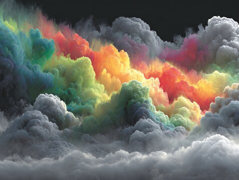 Rainbow Smoke Cloud on Black Background: High-Resolution 3D Volumetric Fantasy Atmosphere, Soft Abstract Art