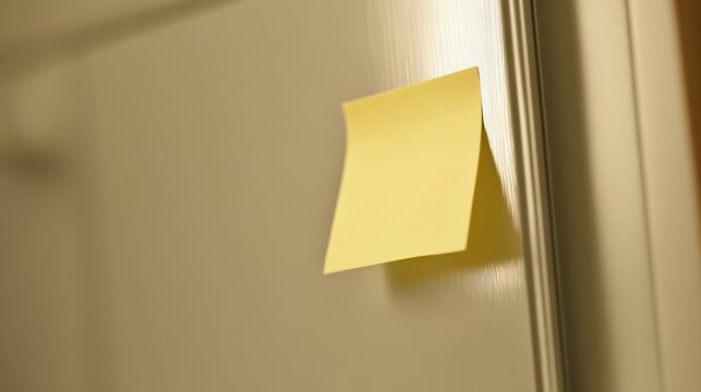 A vibrant yellow sticky note is adhered firmly to a smooth door surface, likely conveying a message or reminder in a calm indoor environment, showcasing simple organization