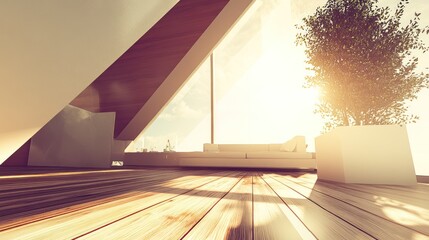 Modern attic room with large windows and wooden flooring.