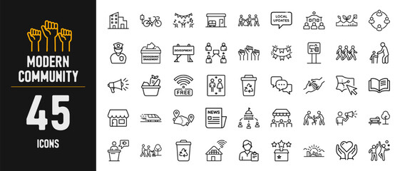 Modern Community Icons for Urban Life, Public Services, and Social Connection