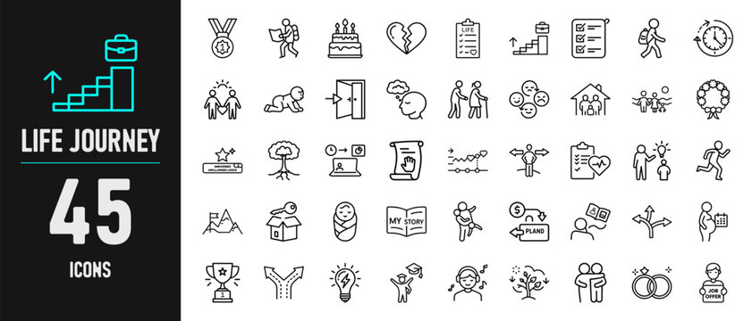 Life Journey Icons Depicting Stages of Growth, Milestones, and Personal Experience