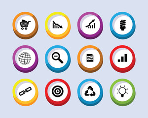 Collection of colorful circular icons representing various business and technology concepts