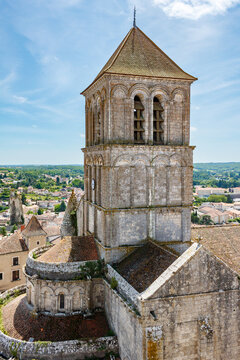 Chauvigny, elevated panoramic general view from the dungeon, Saint Pierre Church, sunny afternoon, near Poitiers, France