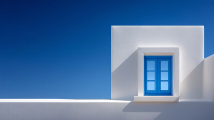 Minimal white building with blue door against clear blue sky