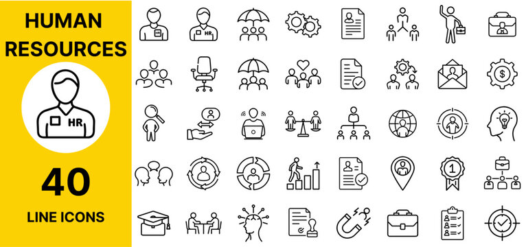 Human Resources Icons – Employee, Team, Resume, Interview, Hiring, HR, Profile, Recruit, Job, Talent, CV, People, Training, Manager, Career