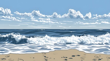 Ocean waves crashing on a sandy shore under a partly cloudy sky.