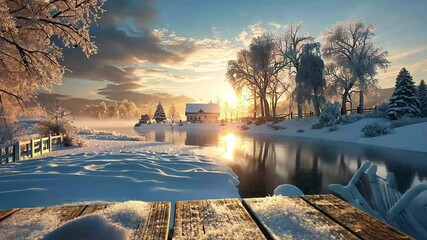 Winter sunrise landscape snow covered lake house footage - Powered by Adobe