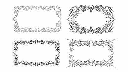 Set of tribal fire flame frames, cyber gothic hand drawn style symmetrical shape, bold abstract border. Cyber flame sigilism vintage vector design elements isolated