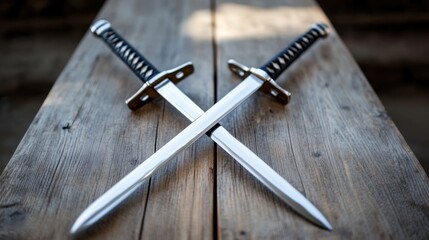 Two beautifully crafted swords are crossed and placed on an aged wooden surface, showcasing their polished blades and intricate handles in a peaceful environment
