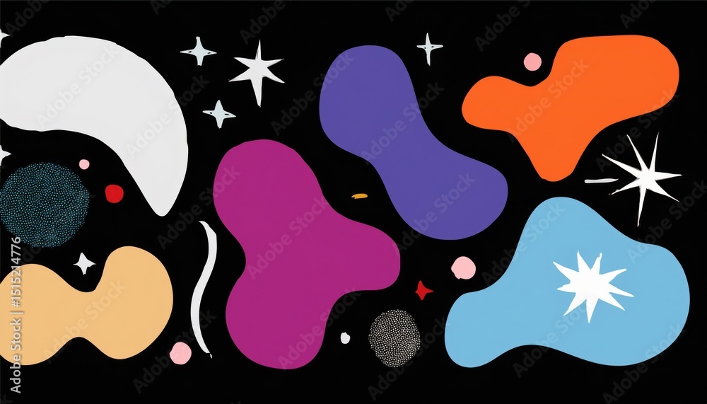 Poster abstract colorful blob shapes on black background with playful modern design elements for web graphic, poster art, brand identity, or children's product illustration

